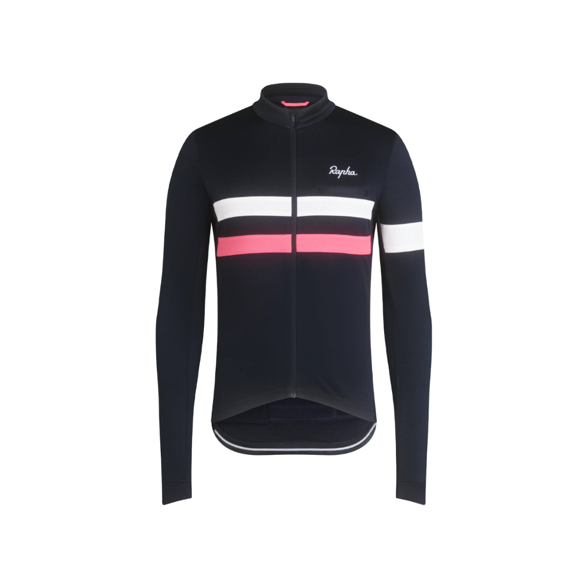 rapha brevet long sleeve mens jersey navy with reflective white and pink strips