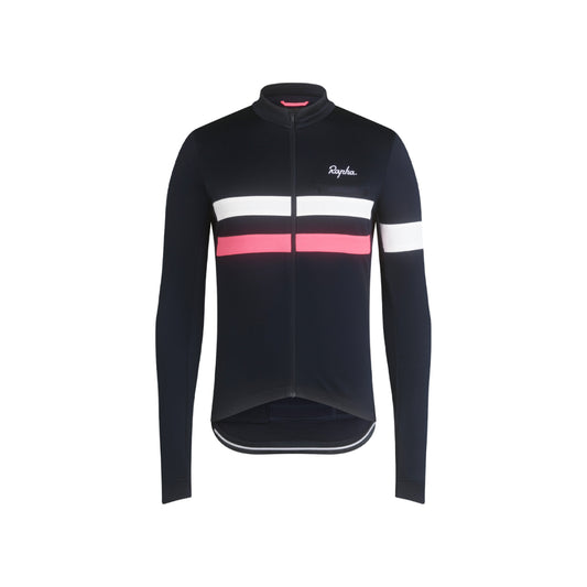 rapha brevet long sleeve mens jersey navy with reflective white and pink strips