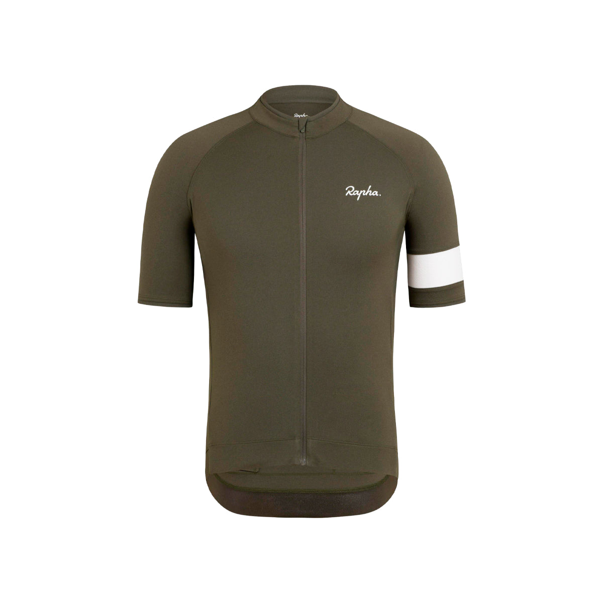 rapha core cycling short sleeve jersey dark green with white strip on sleeve