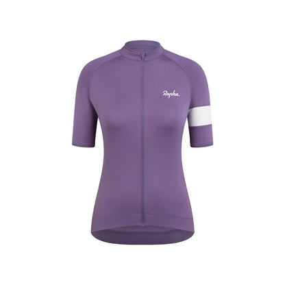 rapha womens core short sleeve cycling jersey purple with white stripe on sleeve