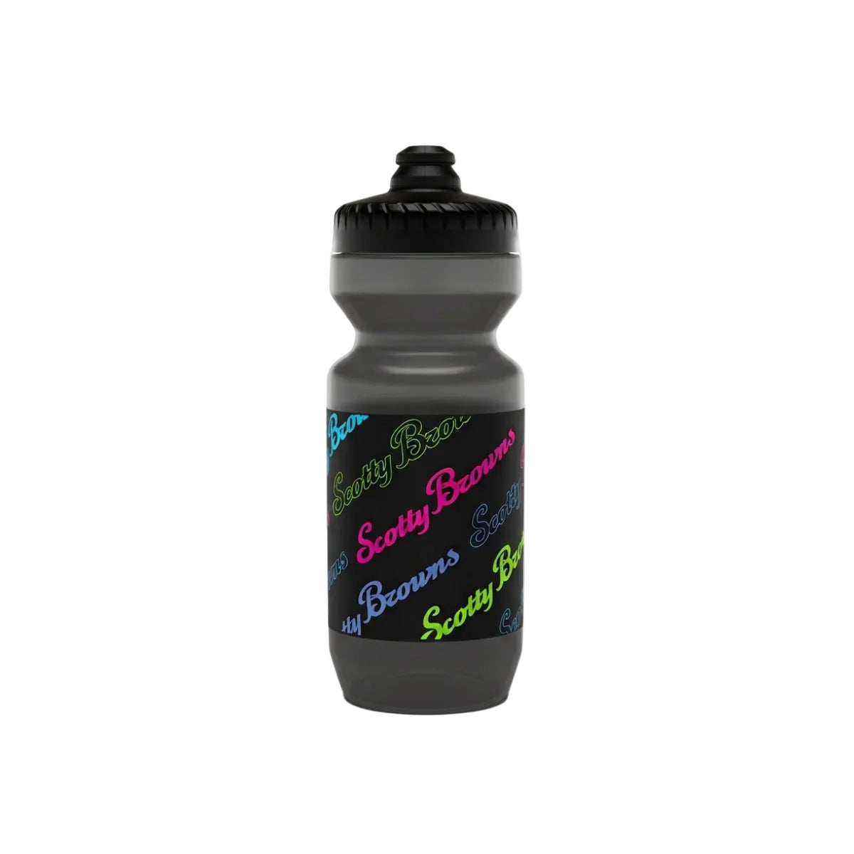 A dark gray water bottle with a black screw cap, featuring a wrap-around black label printed with the phrase 'Scotty Browns' in multiple neon colors including blue, pink, purple, and green.
